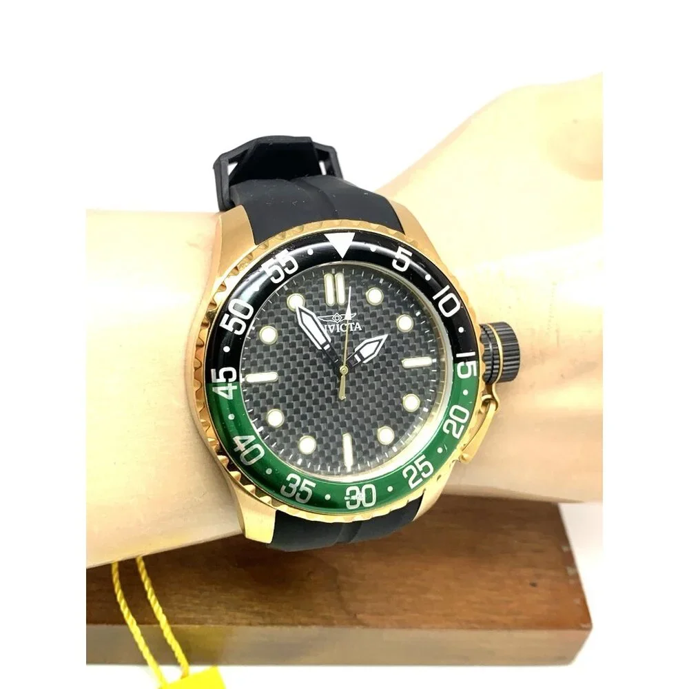 Invicta Men's Watch 35661 Pro Diver Quartz Gold Black Green Bezel Rubber Band